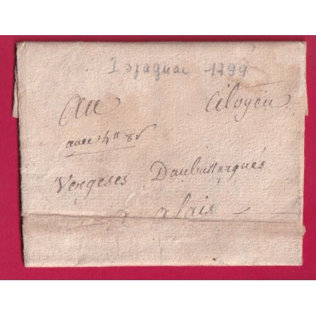 LETTRE DE ISPAGNAC LOZERE 1799 AN8 MENTION PORT 4 SOLS 8 SOUS POUR ALAIS ALES GARD LETTRE COVER