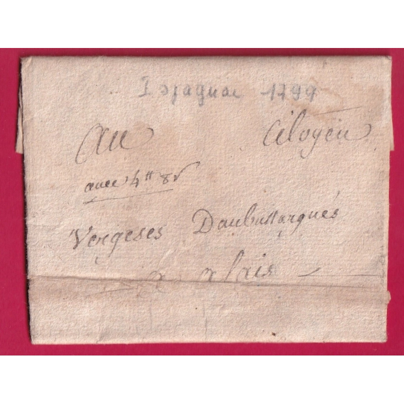 LETTRE DE ISPAGNAC LOZERE 1799 AN8 MENTION PORT 4 SOLS 8 SOUS POUR ALAIS ALES GARD LETTRE COVER