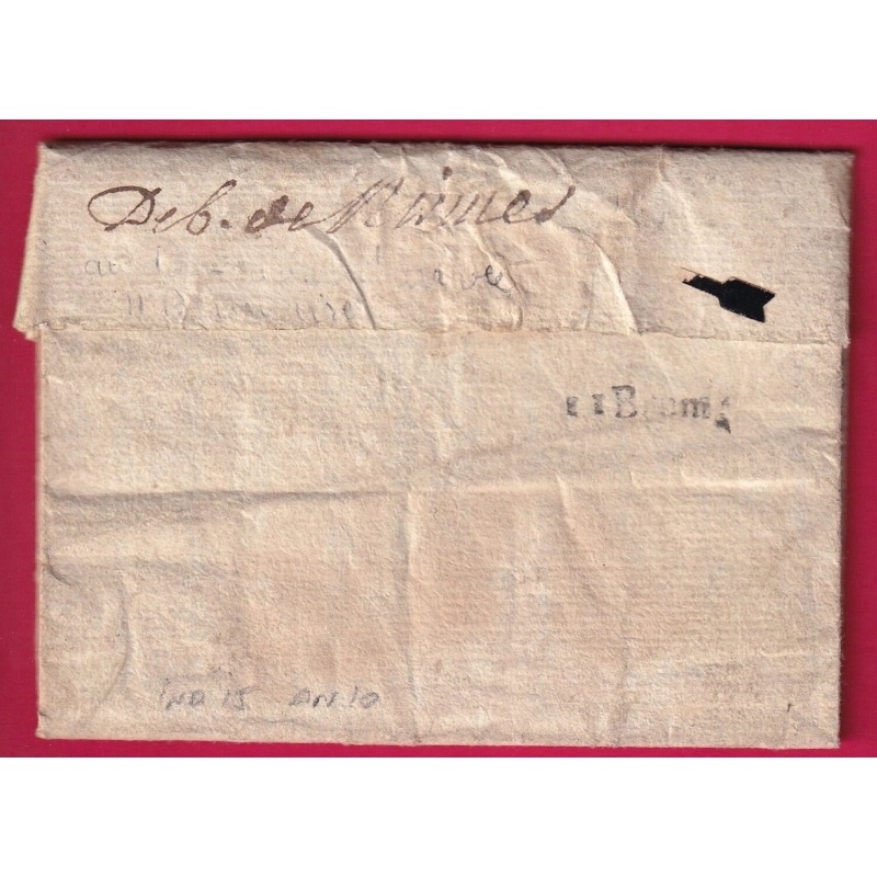 DEBOURSE MANUSCRIT NIMES GARD + CACHET ARRIVE SPECIAL NIMES 11 BRUMAIRE AN 10 DEPART FLORAC LOZERE TEXTE ISPAGNAC LETTRE