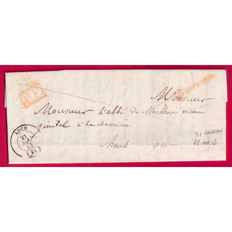 CURSIVE 31 BARRAN GERS EN ROUGE + PP ROUGE CAD TYPE 15 AUCH POUR AUCH LETTRE LOCALE SANS TAXE AU DOS LETTRE COVER