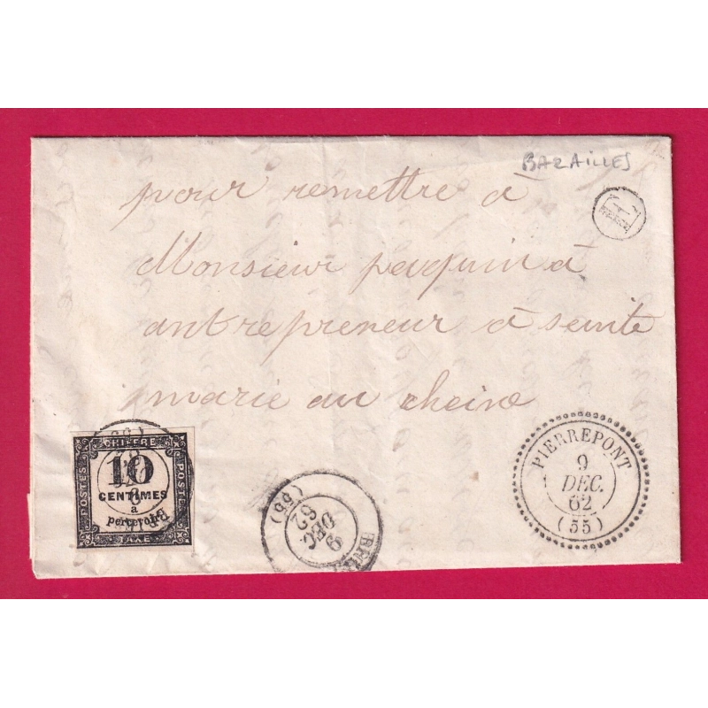 TAXE N°2 CAD TYPE 15 BRIEY MOSELLE CAD TYPE 22 PIERREPONT BOITE RURALE E BAZAILLES MEURTHE ET MOSELLE LETTRE COVER