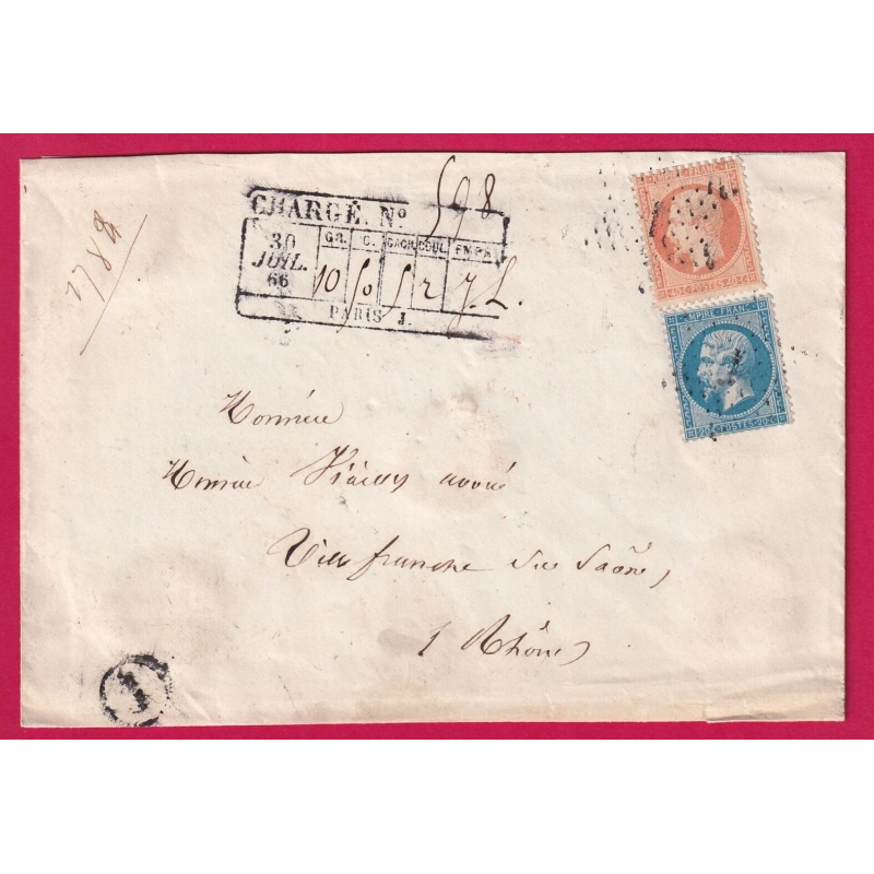 N°22 23 PARIS ETOILE 1 AVIS DE CHARGEMENT BUREAU J POUR VILLEFRANCHE SUR SAONE 1866 AVIS AU RECTO LETTRE COVER