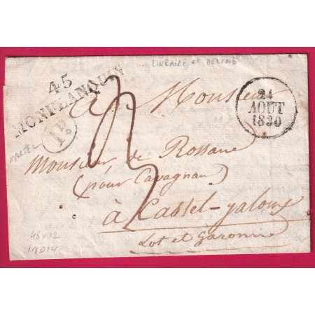 MARQUE 45 MONFLANQUIN LOT ET GARONNE + DECIME RURAL DE MARTEL POUR CASTELJALOUX RARE COMBINAISON 1830  LETTRE COVER