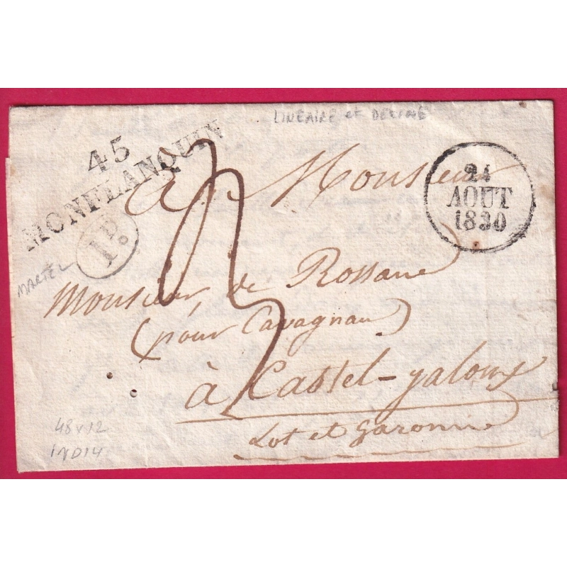 MARQUE 45 MONFLANQUIN LOT ET GARONNE + DECIME RURAL DE MARTEL POUR CASTELJALOUX RARE COMBINAISON 1830  LETTRE COVER