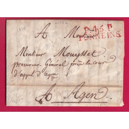 MARQUE P45P TONNEINS LOT ET GARONNE EN ROUGE 1814 POUR AGEN INDICE 13 LETTRE COVER FRANCE