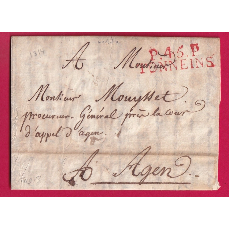 MARQUE P45P TONNEINS LOT ET GARONNE EN ROUGE 1814 POUR AGEN INDICE 13 LETTRE COVER FRANCE