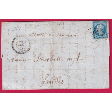 N°14 GC 3442 SOS LOT ET GARONNE CAD TYPE 22 DU 29 DEC 1862 GC PRECOCE POUR MONT DE MARSAN LANDES LETTRE COVER