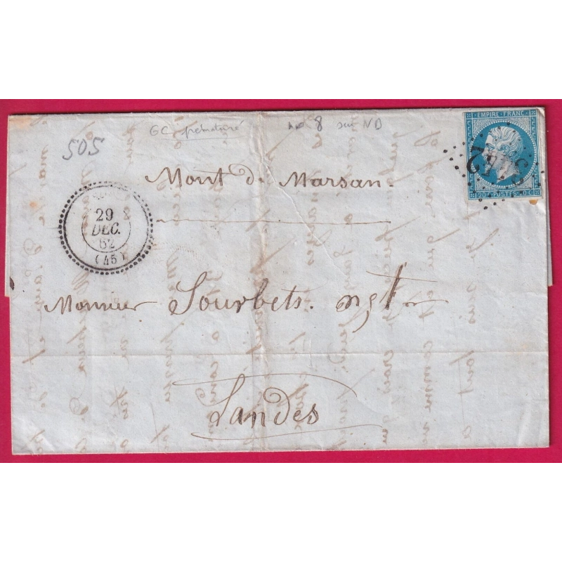 N°14 GC 3442 SOS LOT ET GARONNE CAD TYPE 22 DU 29 DEC 1862 GC PRECOCE POUR MONT DE MARSAN LANDES LETTRE COVER