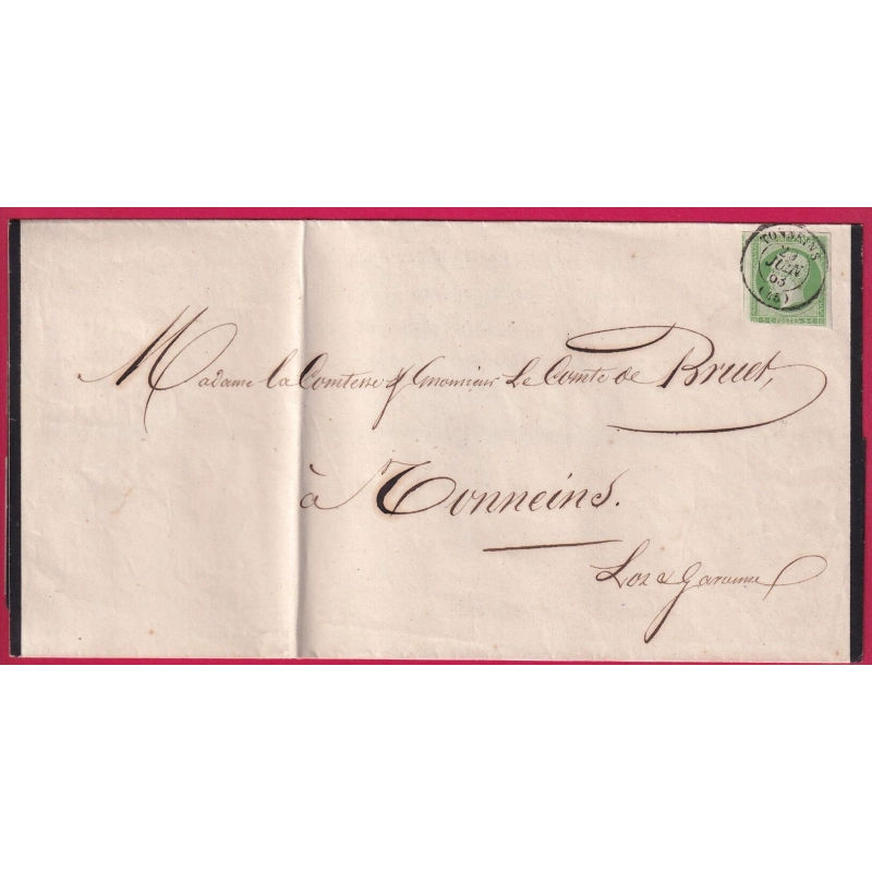 N°12 CAD TYPE 15 TONNEINS LOT ET GARONNE POUR TONNEINS FAIRE PART DECES 1863 LETTRE COVER