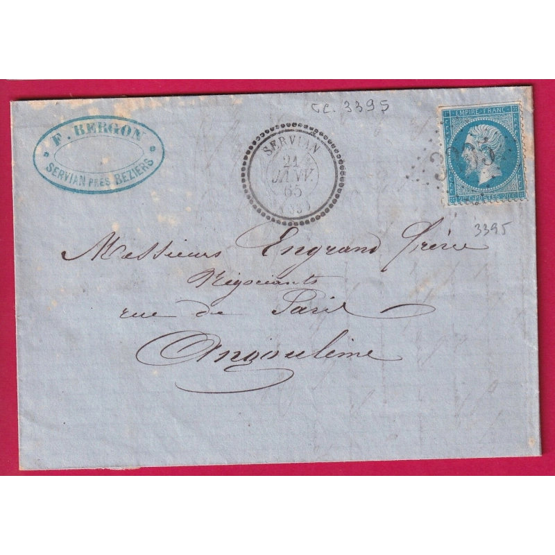 N°22 GC 3395 SERVIAN HERAULT CAD TYPE 22 POUR ANGOULEME INDICE 12 LETTRE COVER