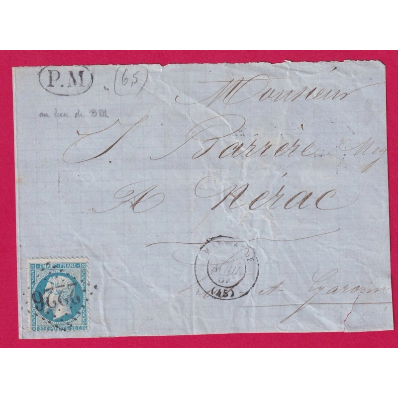 N°22 GC 2226 MARMANDE OVALE PM AU LIEU DE BM ???? POUR NERAC LOT ET GARONNE DEVANT DE LETTRE COVER