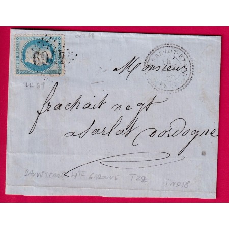 N°29 GC 4769 SAUVETERRE LOT ET GARONNE POUR SARLAY DORDOGNE CAD TYPE 22 INDICE 13 DEVANT DE LETTRE COVER