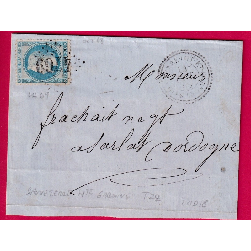 N°29 GC 4769 SAUVETERRE LOT ET GARONNE POUR SARLAY DORDOGNE CAD TYPE 22 INDICE 13 DEVANT DE LETTRE COVER
