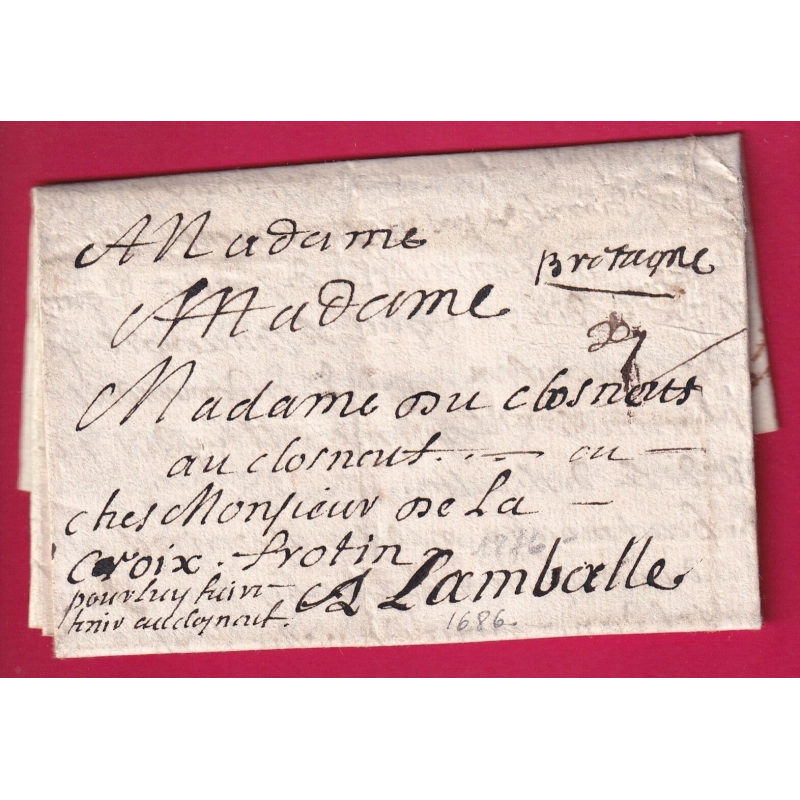 LETTRE DE PARIS 1686 POUR LAMBALLE COTES DU NORD MENTION BRETAGNE MANUSCRIT LETTRE COVER