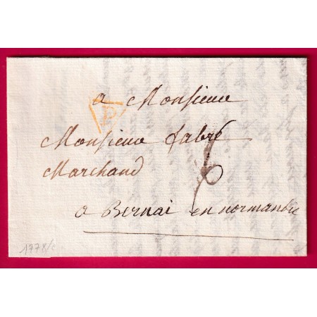 MARQUE P  DE PARIS EN ORANGE 1778 INDICE 15 POUR BERNAY EURE LETTRE COVER