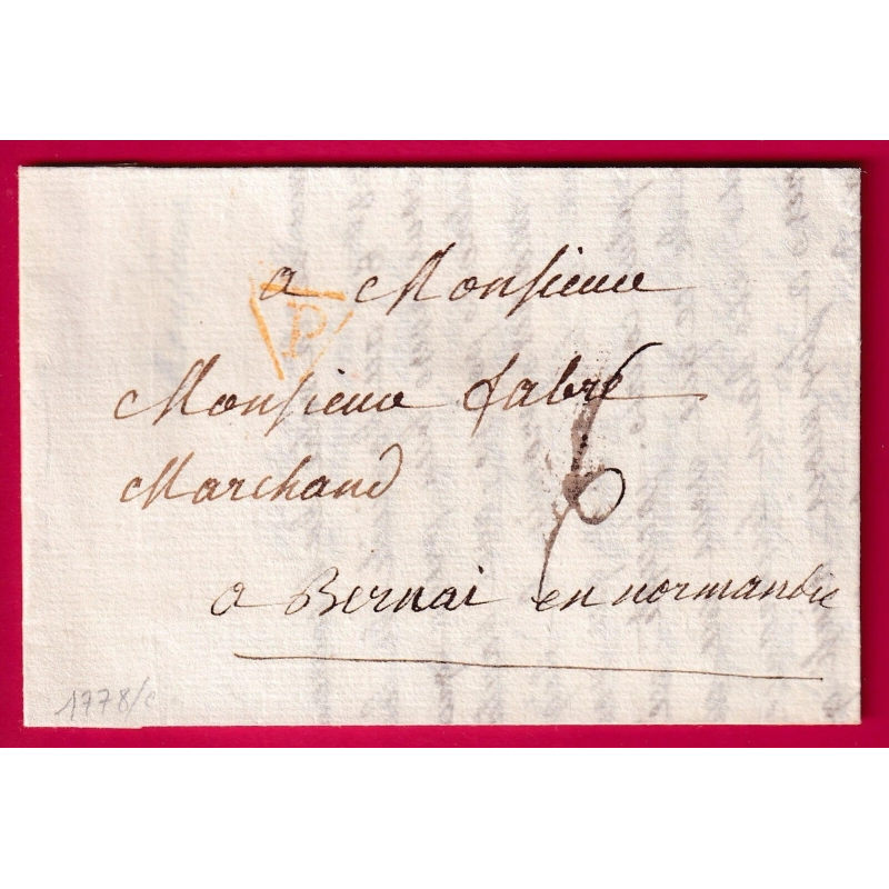 MARQUE P  DE PARIS EN ORANGE 1778 INDICE 15 POUR BERNAY EURE LETTRE COVER
