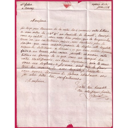 MARQUE P  DE PARIS EN ORANGE 1778 INDICE 15 POUR BERNAY EURE LETTRE COVER