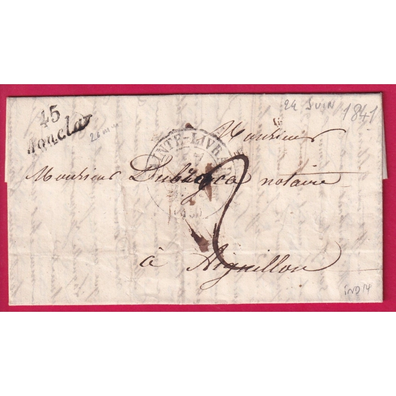 CURSIVE 45 MONCLAR LOT ET GARONNE INDICE 26mm CAD TYPE 13 SAINTE LIVRADE POUR AIGUILLON 1841 INDICE 14 LETTRE COVER