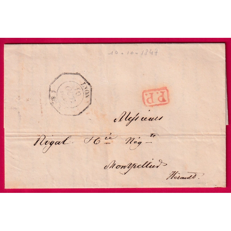 CAD ESSAI HEXAGONAL LYON RHONE 1847 + PP ROUGE POUR MONTPELLIER HERAULT LETTRE COVER