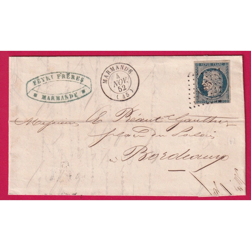 N°4 PC 1885 MARMANDE LOT ET GARONNE POUR BORDEAUX LETTRE COVER