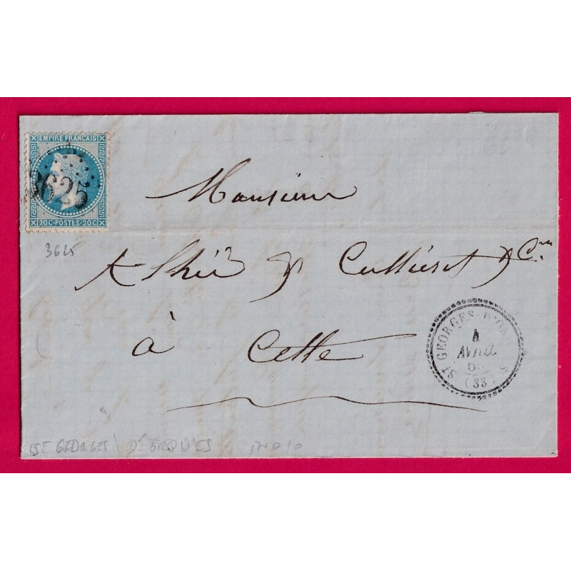 N°29 GC 3625 ST GEORGES D'ORQUES HERAULT CAD TYPE 22 POUR CETTE INDICE 10 LETTRE COVER