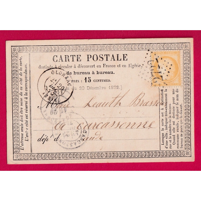 N°59 GC 2722 OLONZAC HERAULT POUR CARCASSONNE AUDE CARTE PRECURSEUR LETTRE COVER