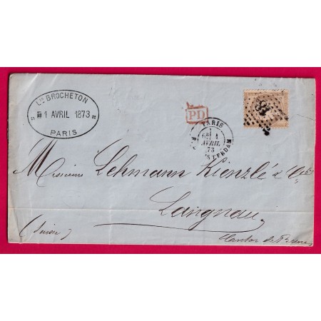 N°56 PARIS ETOILE 18 R AMSTERDAM POUR LANGNAU SUISSE 1873 LETTRE COVER