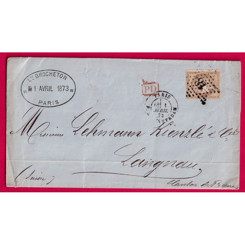 N°56 PARIS ETOILE 18 R AMSTERDAM POUR LANGNAU SUISSE 1873 LETTRE COVER