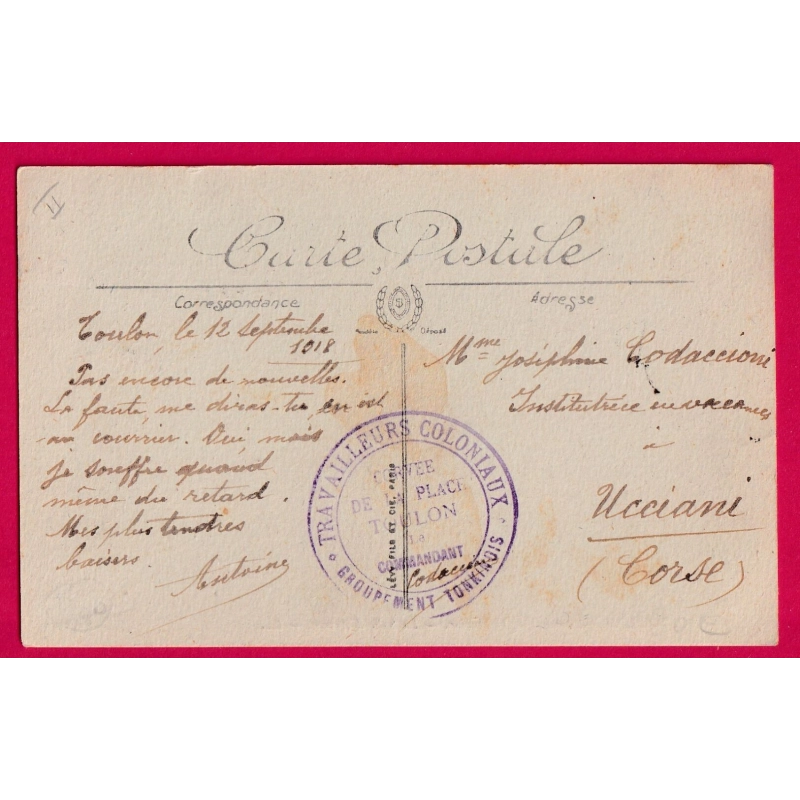 WW2 TOULON 1918 TRAVAILLEURS COLONIAUX TONKINOIS CORVEE DE LA PLAGE DE TOULON POUR UCCIANI CORSE LETTRE COVER