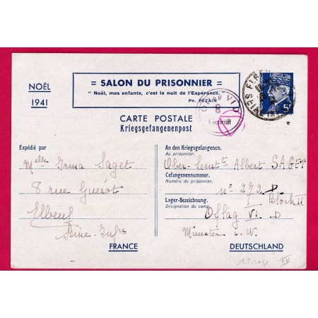 ENTIER PETAIN 5F BLEU ELBEUF SEINE INFERIEURE OFLAG VID TEXTE SOIR DE NOEL 1941 MUNSTER ALLEMAGNE 1ER TIRAGE LETTRE