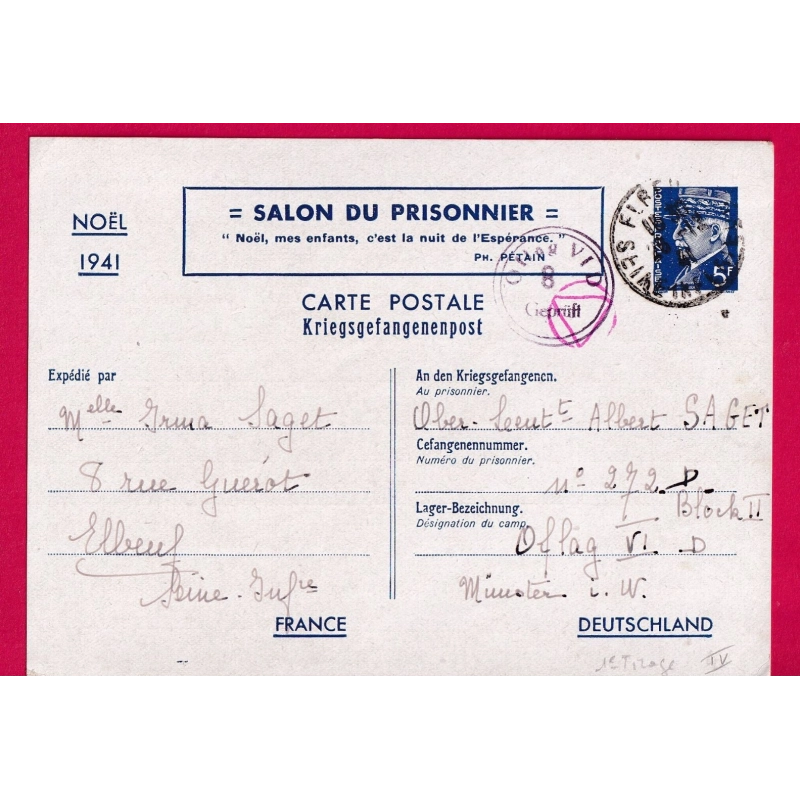 ENTIER PETAIN 5F BLEU ELBEUF SEINE INFERIEURE OFLAG VID TEXTE SOIR DE NOEL 1941 MUNSTER ALLEMAGNE 1ER TIRAGE LETTRE