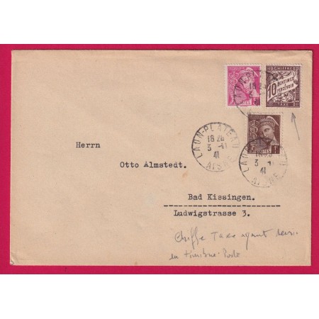 MERCURE N°404 406 + TIMBRE TAXE DUVAL 10C MARRON AYANT SERVI DE TIMBRE POSTE LAON PLATEAU AISNE POUR ALLEMAGNE LETTRE