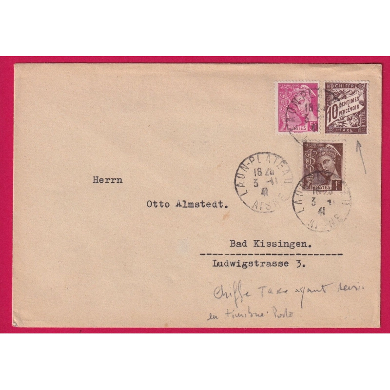 MERCURE N°404 406 + TIMBRE TAXE DUVAL 10C MARRON AYANT SERVI DE TIMBRE POSTE LAON PLATEAU AISNE POUR ALLEMAGNE LETTRE