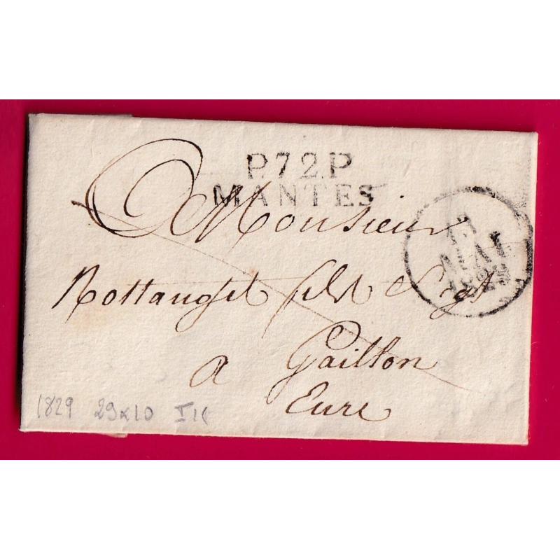 MARQUE P72P MANTES SEINE ET OISE 1829 POUR GAILLON EURE INDICE 11 LETTRE COVER
