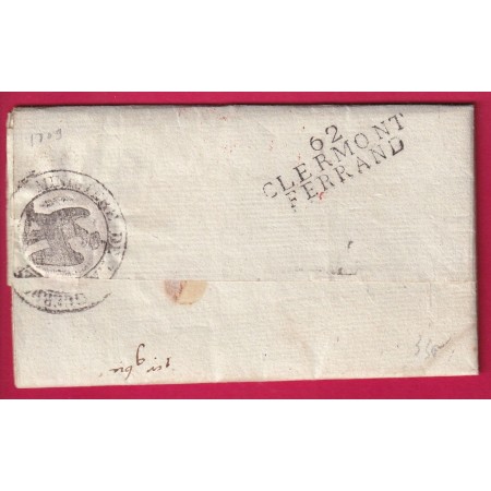 MARQUE 62 CLERMONT FERRAND AU VERSO UTILISE EN DEBOURSE 1809 MINISTRE DE LA GUERRE PUY DE DOME LETTRE COVER