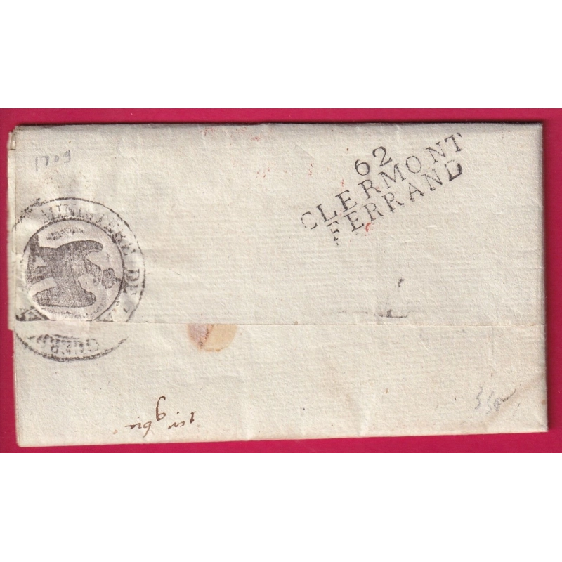 MARQUE 62 CLERMONT FERRAND AU VERSO UTILISE EN DEBOURSE 1809 MINISTRE DE LA GUERRE PUY DE DOME LETTRE COVER