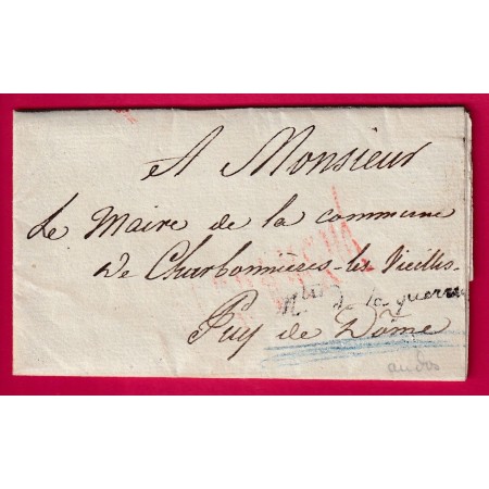 MARQUE 62 CLERMONT FERRAND AU VERSO UTILISE EN DEBOURSE 1809 MINISTRE DE LA GUERRE PUY DE DOME LETTRE COVER