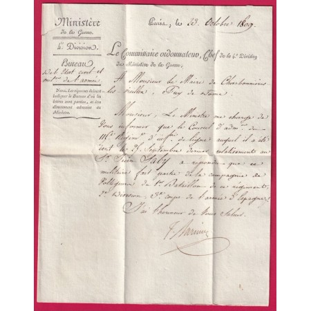 MARQUE 62 CLERMONT FERRAND AU VERSO UTILISE EN DEBOURSE 1809 MINISTRE DE LA GUERRE PUY DE DOME LETTRE COVER