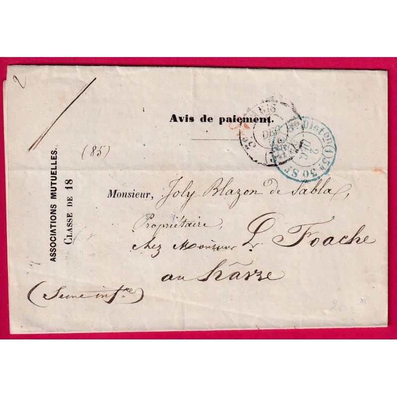 PARIS 1854 2 CACHETS TAXE 15C PUIS 30C BUREAU 1 REEXPEDITION AU HAVRE SEINE INFERIEURE AU DOS INCONNU A L'APPEL LETTRE