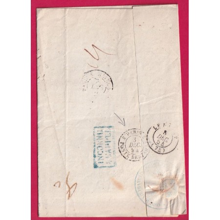 PARIS 1854 2 CACHETS TAXE 15C PUIS 30C BUREAU 1 REEXPEDITION AU HAVRE SEINE INFERIEURE AU DOS INCONNU A L'APPEL LETTRE