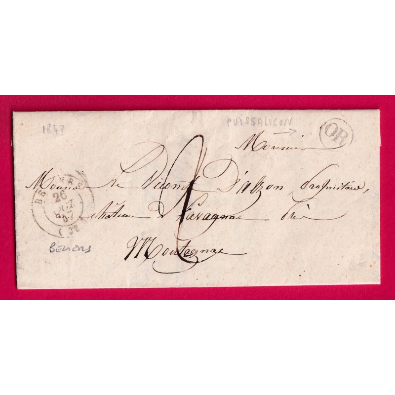 CAD TYPE 15 BEZIERS HERAULT 1847 OR PUISSALICON POUR MONTAGNAC LETTRE COVER