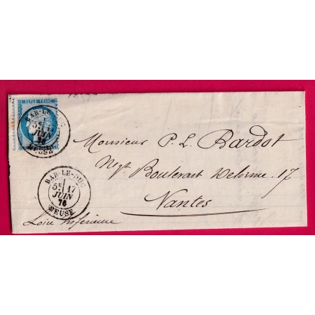 N°60 CAD TYPE 18 BAR LE DUC MEUSE POUR NANTES LETTRE COVER