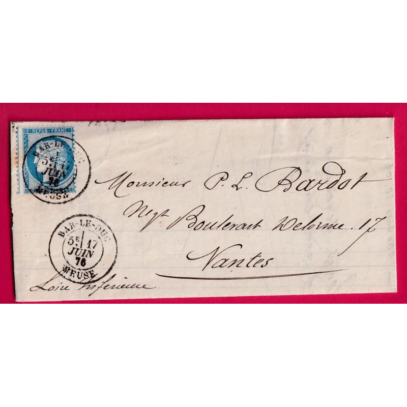 N°60 CAD TYPE 18 BAR LE DUC MEUSE POUR NANTES LETTRE COVER