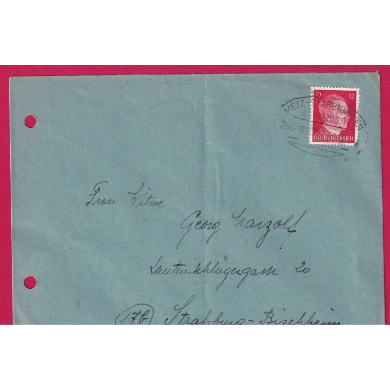 ALSACE LORRAINE AMBULANT METZ SAARBRUCKEN 1944 POUR STRASBOURG BAS RHIN MOSELLE LETTRE COVER