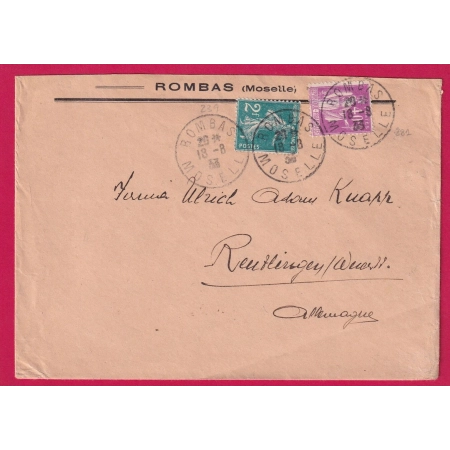 N°239 281 TARIF A 2FR40 ROMBAS MOSELLE POUR ALLEMAGNE 18.8.1933 LETTRE COVER