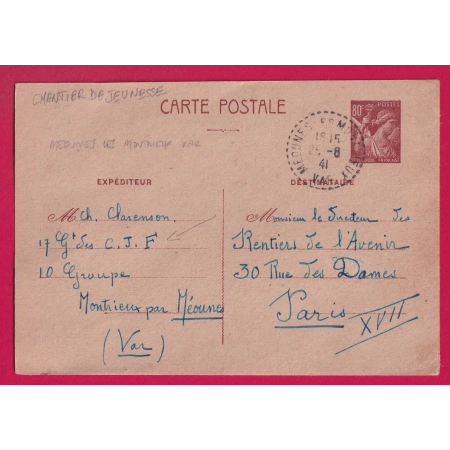 CHANTIER DE JEUNESSE DE MEOUNES LES MONTRIEUX VAR 1941 ENTIER IRIS 80C POUR PARIS LETTRE COVER