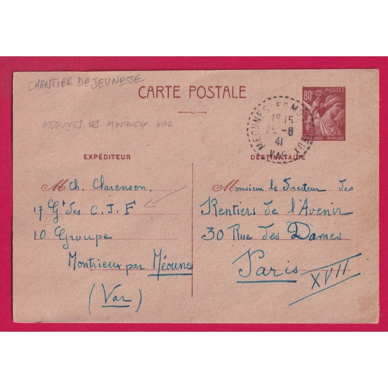 CHANTIER DE JEUNESSE DE MEOUNES LES MONTRIEUX VAR 1941 ENTIER IRIS 80C POUR PARIS LETTRE COVER
