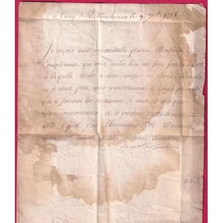MARQUE ARMEE DU BAS RHIN CONTRESEING DE FRANCHISE MARECHAL DE CONTADES CAMPS DE RECKLINGHAUSEN ALLEMAGNE 1758