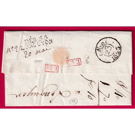 DEBOURSE DEB 55 LONGUYON TAMPON + MANUSCRIT 1825 MOSELLE DEPART SEDAN ARDENNES POUR PARIS LONGUYON 2 FOIS LETTRE COVER