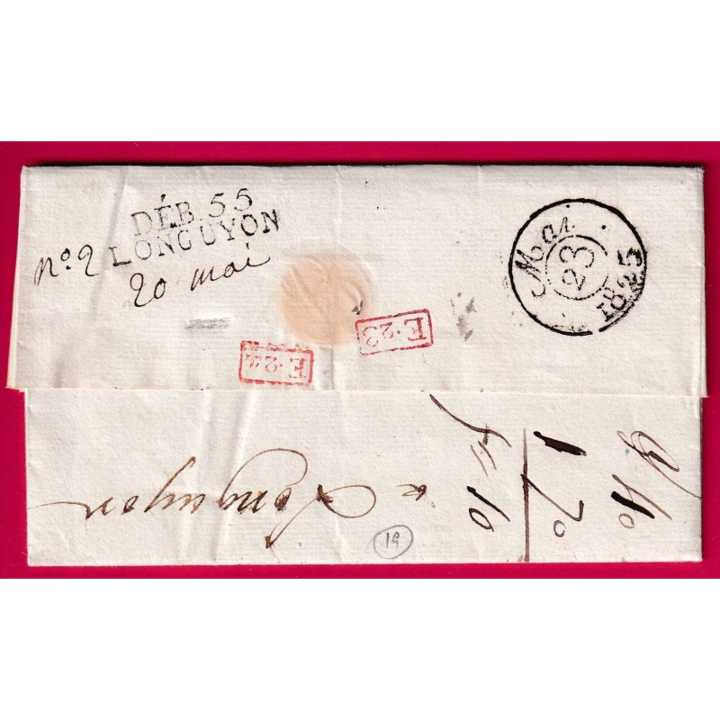 DEBOURSE DEB 55 LONGUYON TAMPON + MANUSCRIT 1825 MOSELLE DEPART SEDAN ARDENNES POUR PARIS LONGUYON 2 FOIS LETTRE COVER